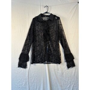 NWT Fashion Nova Black Lace Ruffle Button Down Shirt Plus Size 2X #2266